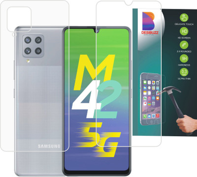 DESIBUZZ Front and Back Screen Guard for Samsung Galaxy M42 5G, Front 9h Hammer Proof,Unbreakable,Nano FlexiGlass, Back Transparent Fiber pattern(Pack of 2)