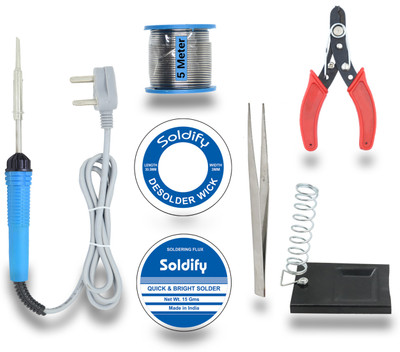 Soldify BASIC 7IN1 COMPLETE KIT 30W SOLDERING IRON MACHINE TOOL KIT | SOLDER WIRE | STAND | WIRE CUTTER | SOLDERING PASTE FLUX | TWEEZER | DESOLDERING WICK 30 W Simple(Flat Tip)