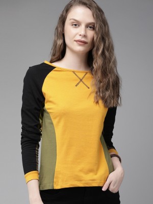 Roadster Colorblock Women Round Neck Green, Black, Yellow T-Shirt