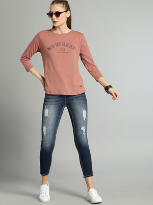 Roadster Printed Women Round Neck Brown T-Shirt