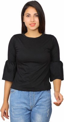 Christone Casual 3/4 Sleeve Solid Women Black Top