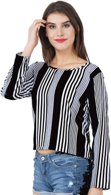 Dhong Casual Full Sleeve Striped Women Black Top