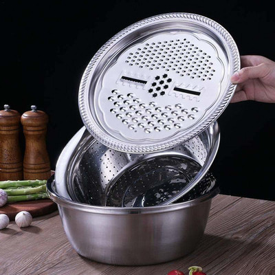 Someshwar fashion 3 in 1 Kitchen Multipurpose Kitchen Stainless Steel Bowl, Drain Basket, Julienne Graters for Vegetable Cutter,Vegetable/Fruit Grater Kitchen Mesh Strainers(Set of 1 Strainer(Steel Pack of 1)