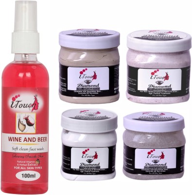 I TOUCH HERBAL Diamond Scrub , Cream , Pack , Gel 500 Ml X 4 + Wine And Beer Face Wash 100 Ml ( Pack Of 5)(5 Items in the set)