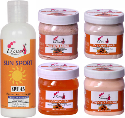 I TOUCH HERBAL Papaya Scrub , Cream , Pack , Gel 500 Ml X 4 + Sun Sport S.P.F 45 - 100 ml ( Pack Of 5 )(5 Items in the set) I TOUCH HERBAL Papaya Scrub , Cream , Pack , Gel 500 Ml X 4 + Sun Sport S.P.F 45 - 100 ml ( Pack Of 5 )(5 Items in the set)