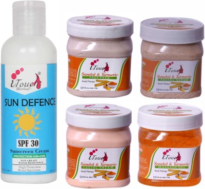 I TOUCH HERBAL Sandal And Turmeric Scrub , Cream , Pack , Gel 500 Ml X 4 + SunDefence S.P.F 30 - 100 ml ( Pack Of 5 )(5 Items in the set)