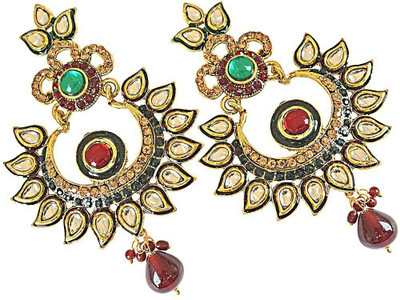 Surat Diamond Zahara - Polk Stone and Gold Plated Chandbali Earrings for Women (Red and Green) (PSE55) Metal Chandbali Earring