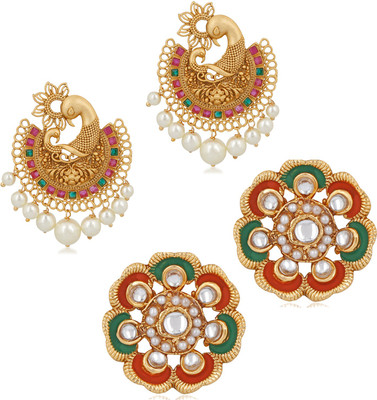 Om Jewells Gold Plated Traditional Ethnic Charming Combo of Peacock and Tops Style Alloy Earrings Studded with Multi Color Kundan Stones for Girls and Women CO1000373 Pearl Alloy Earring Set