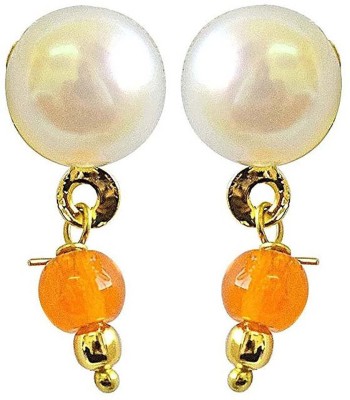 SURAT DIAMONDS Trendy Gold Plated Button Pearl & Orange Stone Stud Earrings for Women Pearl Metal Drops & Danglers