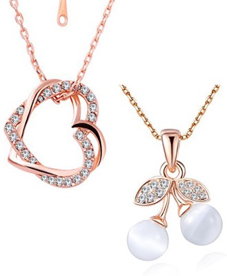 Om Jewells Rose Gold Plated Combo of 2 Dual Heart Pendant and Cherry Alloy Pendant with White Crystal Stones for Girls and Women CO1000385 Gold-plated Crystal Alloy Pendant