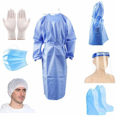 sky enterprise shop Sky- Disposable PPE Kit Coverall Gown, Hand Gloves, Face Shield, 3 PLY Face Mask, Shoe Cover and Head Cover (Blue) Set Kit Best Quality for Travelling and Personal Safety Kit Safety Jacket(Blue)