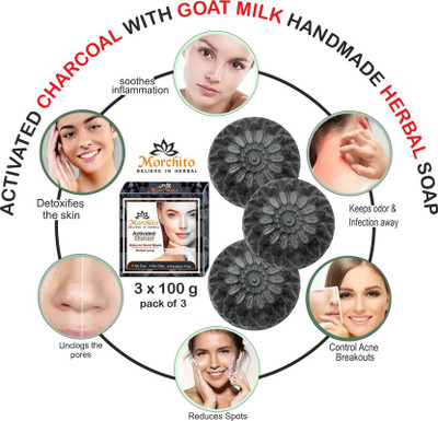 Morchito Charcoal with Goat Milk Hand Made soap for Men & Women skin whitening , Pimples(3 x 100 g)