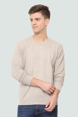 LOUIS PHILIPPE Solid V Neck Casual Men Beige Sweater
