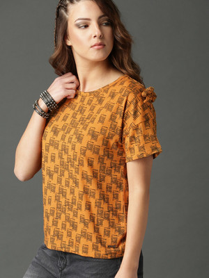 Roadster Printed Women Round Neck Orange T-Shirt