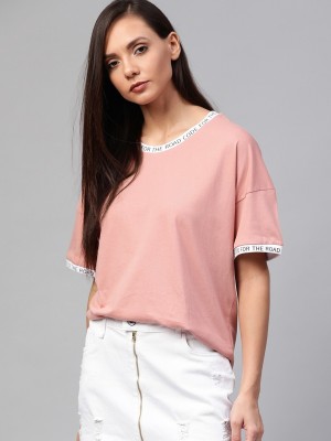 Roadster Solid Women Round Neck Pink T-Shirt