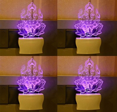 Somil Ganesha Sitting On Lotus 3D Illusion LED Plug & Play Wall Lamp::Pack Of 4 Night Lamp(10 cm, Multicolor)