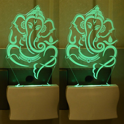 Somil 3D Illusion Adorable Ganesha LED Plug & Play Wall Lamp::Pack Of 2 Night Lamp(10 cm, Multicolor)
