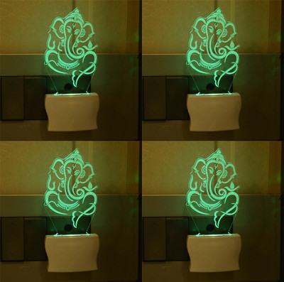 Somil 3D Illusion Adorable Ganesha LED Plug & Play Wall Lamp::Pack Of 4 Night Lamp(10 cm, Multicolor)