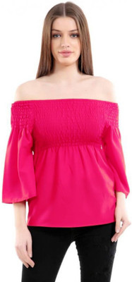 Girls Shopping Casual 3/4 Sleeve Solid Women Pink Top