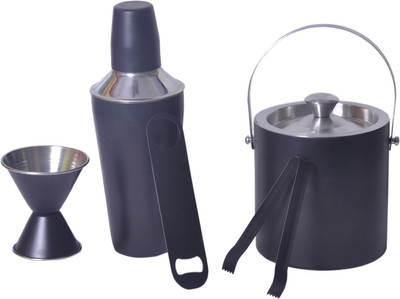 Dynore 5 pc Black Color bar set - Cocktail Shaker, Double sided Peg measure, Double wall Ice bucket, Ice Tong and Bottle Opener 5 - Piece Bar Set(Stainless Steel)