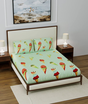 Spangle Homes 130 TC Polycotton Double Printed Fitted (Elastic) Bedsheet(Pack of 1, Green)