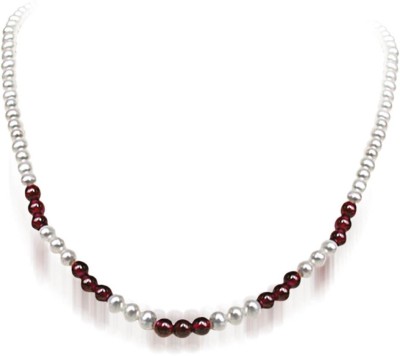 Surat Diamond Angel eyes - Single Line Freshwater Pearl & Red Garnet Beads Necklace for Women Pearl, Garnet Metal Necklace