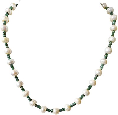 SURAT DIAMONDS Single Line Real Green Emerald Beads and Freshwater Pearl Necklace for Women Pearl, Emerald Metal Necklace