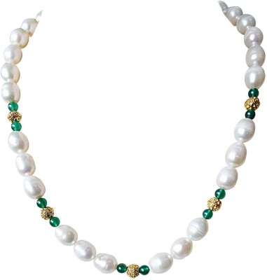 SURAT DIAMONDS Green Onyx, Big Elongated Pearl and Gold Plated Ball Single Line Necklace for Women Onyx, Pearl Metal Necklace