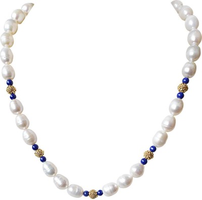 SURAT DIAMONDS Single Line Blue Lapiz, Big Elongated Pearl and Gold Plated Ball Necklace for Women Pearl, Lapis Lazuli Metal Necklace