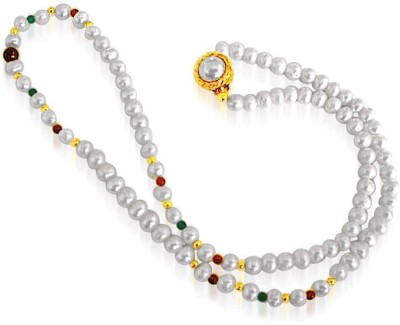 SURAT DIAMONDS Grandiose - Single Line Pearl Necklace with Red Garnet & Green Onyx with Gold Plated Beads Pearl, Onyx, Garnet Metal Necklace