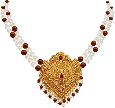 Surat Diamond Gold Plated Pendant & 2 Line Freshwater Pearl & Tiger Eye Beads Necklace (SNP2) Pearl, Tiger's Eye Gold-plated Plated Metal Necklace