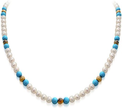 Surat Diamond Blue Lagoon - Single Line Real Freshwater Pearl, Turquoise & Tiger Eye Beads Necklace for Women (SN401) Pearl, Turquoise Metal Necklace