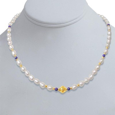 Surat Diamond Ethereal - Single Line Real Rice Pearl & Blue Lapiz Beads Necklace for Women (SN238) Pearl, Lapis Lazuli Gold-plated Plated Metal Necklace