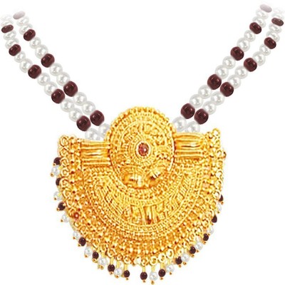 Surat Diamond Extraordinary Love - Gold Plated Temple Design Pendant & 3 Line Freshwater Pearl & Garnet Beads Necklace for Women Pearl, Garnet Gold-plated Plated Metal Necklace