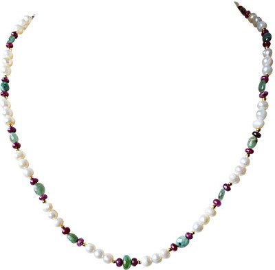 SURAT DIAMONDS Single Line Real Oval Emerald, Ruby Beads, Gold Plated Beads and Freshwater Pearl Necklace for Women Pearl, Emerald, Ruby Metal Necklace