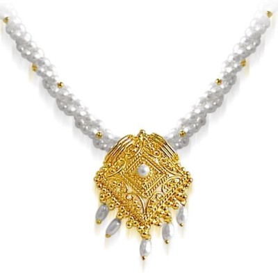 Surat Diamond Tantalizing Beauty - Gold Plated Temple Design Pendant & 3 Line Twisted Rice Pearl & Gold Plated Beads Pendant Necklace for Women (SNP18) Pearl Gold-plated Plated Metal Necklace