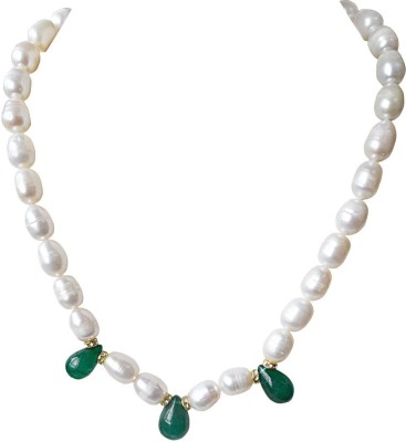 SURAT DIAMONDS Single Line Drop Green Onyx, Stone Ring and Big Elongated Pearl Necklace for Women Onyx, Pearl Metal Necklace