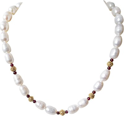 SURAT DIAMONDS Single Line Red Garnet, Big Elongated Pearl and Gold Plated Ball Necklace for Women Pearl, Garnet Metal Necklace
