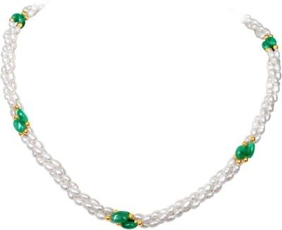 Surat Diamond Twisted 3-Line Emerald & Rice Pearl Necklace - Real Oval Green Emeralds (SN130) Pearl, Emerald Gold-plated Plated Metal Necklace