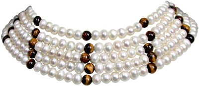 Surat Diamond Richness - 5 Line Real Freshwater Pearl & Tiger Eye Beads Choker Necklace for Women (SN83) Pearl Metal Necklace