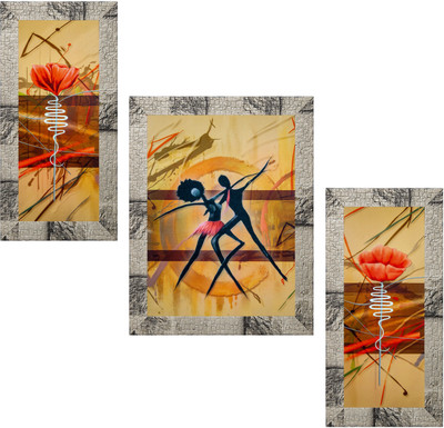 Indianara Set of 3 Dancing Couple Framed Art Painting (2460MW) without glass (6 X 13, 10.2 X 13, 6 X 13 INCH) Digital Reprint 13 inch x 10.2 inch Painting(With Frame, Pack of 3)