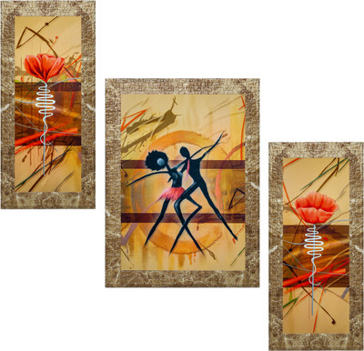 Indianara Set of 3 Dancing Couple Framed Art Painting (2460MBR) without glass (6 X 13, 10.2 X 13, 6 X 13 INCH) Digital Reprint 13 inch x 10.2 inch Painting(With Frame, Pack of 3)