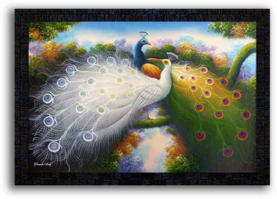 pnf Peacock with Wooden Synthetic Frame Digital Reprint 13.5 inch x 19 inch Painting(With Frame)