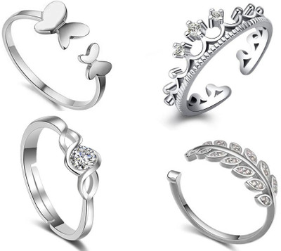 Om Jewells Plated Combo of 4 Adjustable Finger Studded with White Stones Alloy, Crystal Crystal Rhodium Plated Ring Set