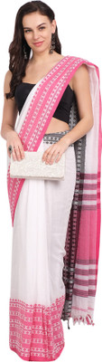 usk Printed, Striped Handloom Pure Silk Saree(White)