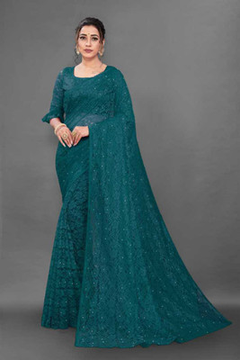 UNICK Self Design Bollywood Net Saree(Dark Green)