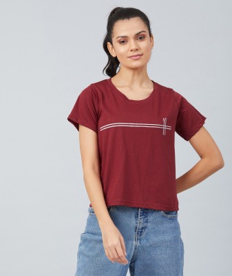 Chimpaaanzee Typography Women Round Neck Maroon T-Shirt