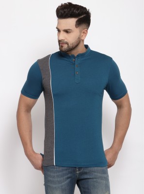 KALT Colorblock Men Mandarin Collar Blue, Grey T-Shirt