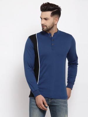 KALT Colorblock Men Mandarin Collar Blue T-Shirt