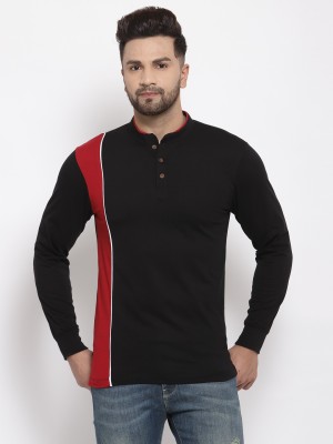 KALT Colorblock Men Mandarin Collar Black T-Shirt